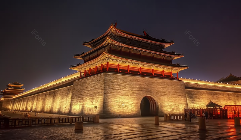 夜晚城楼外一角城门夜景灯光实拍图,高清,摄影图,摄影图片,图片大全,摄影图免费下载
